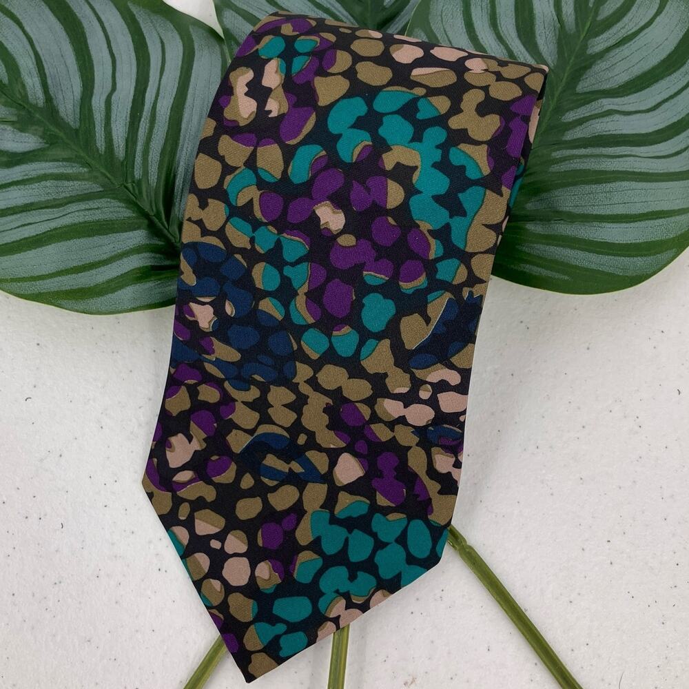 Botany 500 Purple Green Navy Blue Black Teal Mosaic Floral Pattern Necktie Tie